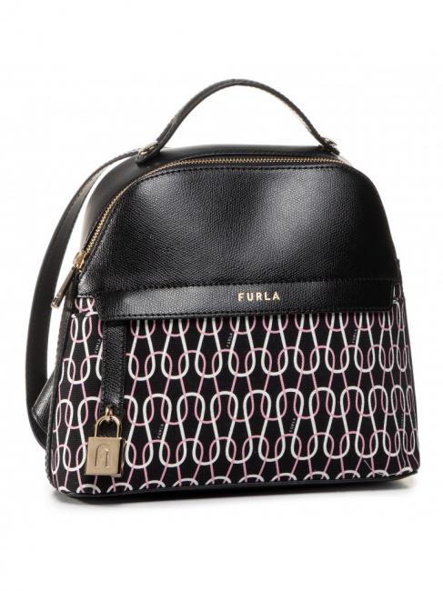 FURLA PIPER Sac à dos en cuir et toile imprimé chaîne noir + talc + rose clair - Sacs pour Femme