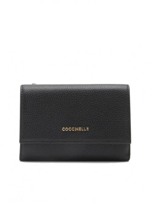 COCCINELLE METALLIC SOFT Portefeuille à deux volets en cuir martelé Noir - Portefeuilles Femme