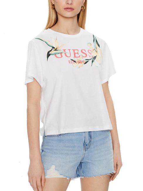 GUESS LOGO FLOWERS T-shirt en cotton blanc pur - T-shirt