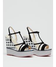 MANILA GRACE CAMPIONARIO Compens&eacute;e &agrave; pois et rayures avec brides en cuir blanc noir - Chaussures Femme - 1