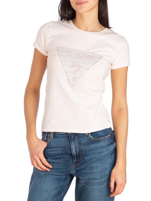 GUESS TRIANGLE CRYSTAL LOGO T-shirt en coton avec strass rose discret - T-shirt