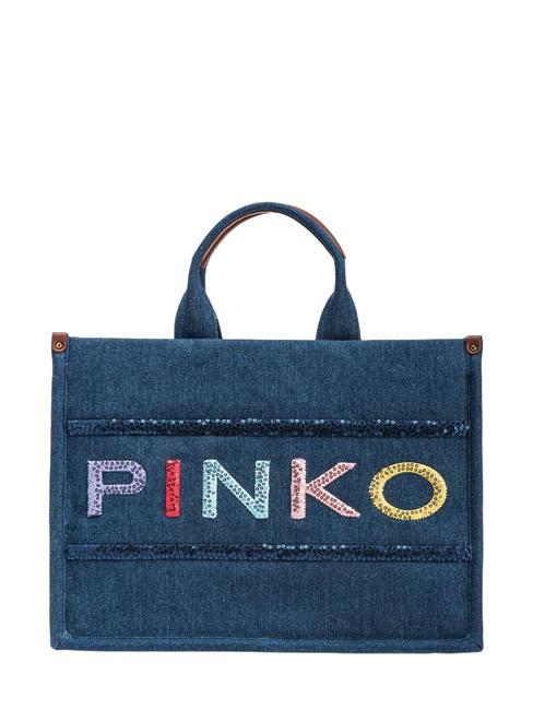 PINKO LOGO PAILLETETS Sac en jean à double poignée denim bleu-or antique - Sacs pour Femme