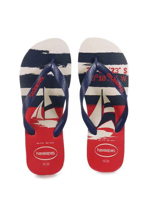 HAVAIANAS tongs TOP NAUTIQUE beige paille/bleu marine/rouge rubis - Chaussures Homme