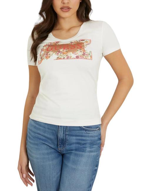 GUESS LOGO FLOWERS T-shirt en coton extensible cremwhi - T-shirt