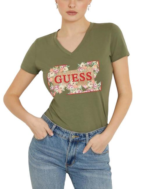 GUESS LOGO FLOWERS T-shirt en coton extensible feuille de lichen vert - T-shirt