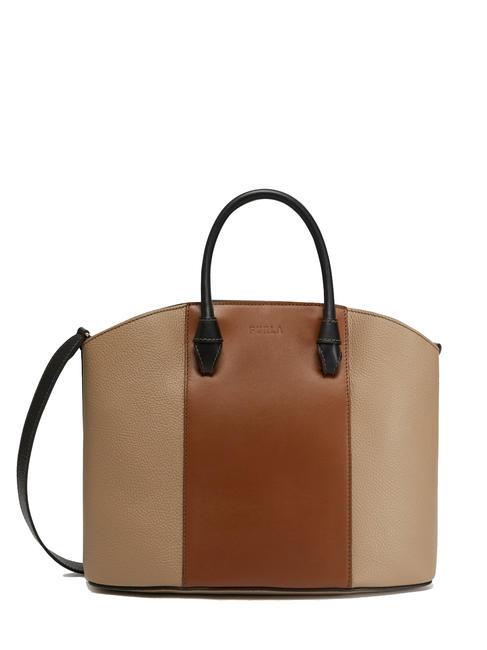 FURLA MIASTELLA Sac cabas en cuir avec bandoulière grège+cognac h+noir - Sacs pour Femme