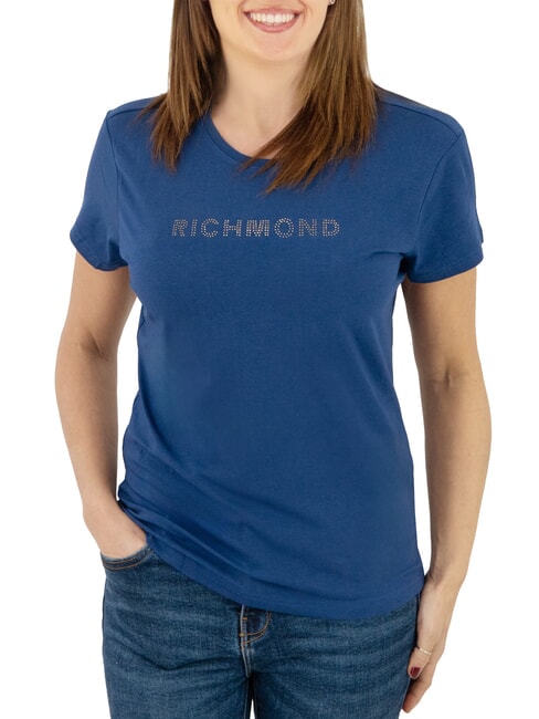 JOHN RICHMOND MECHI T-shirt stretch logo strass bleu - T-shirt