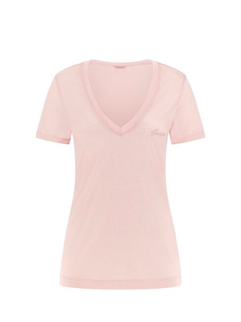 GUESS VN SS LIGHT BASIC T-shirt doux col V perle rose - T-shirt