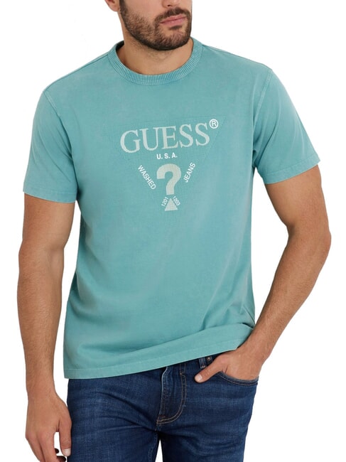 GUESS TRIANGLE T-shirt en coton avec imprimé bleu sarcelle doux - T-shirt