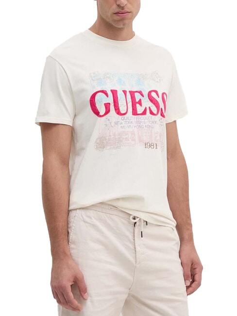 GUESS WORLD STAMPS T-shirt en coton blanc perle multi - T-shirt
