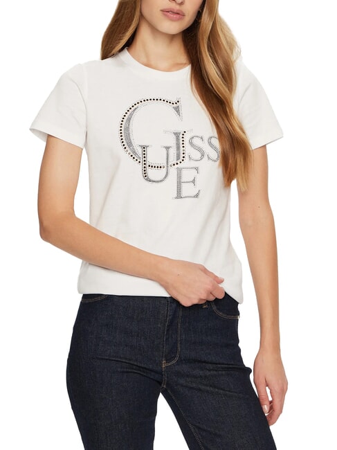 GUESS STUDDED T-shirt en coton avec logo strass blanc pur - T-shirt