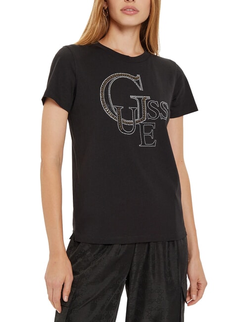 GUESS STUDDED T-shirt en coton avec logo strass jetbla - T-shirt