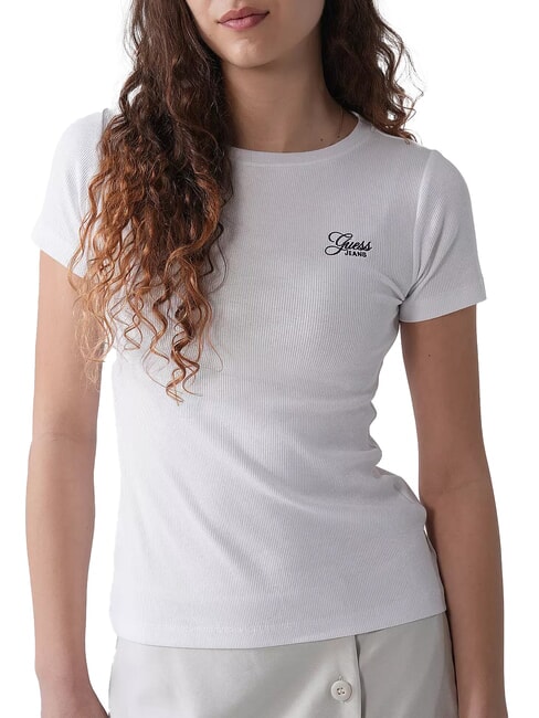 GUESS JEANS SS CN EMBRO SLIM T-shirt en coton extensible blanc pur - T-shirt