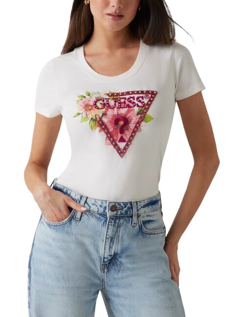 GUESS SS CN TRIANGLE T-shirt à logo triangle floral cremwhi - T-shirt