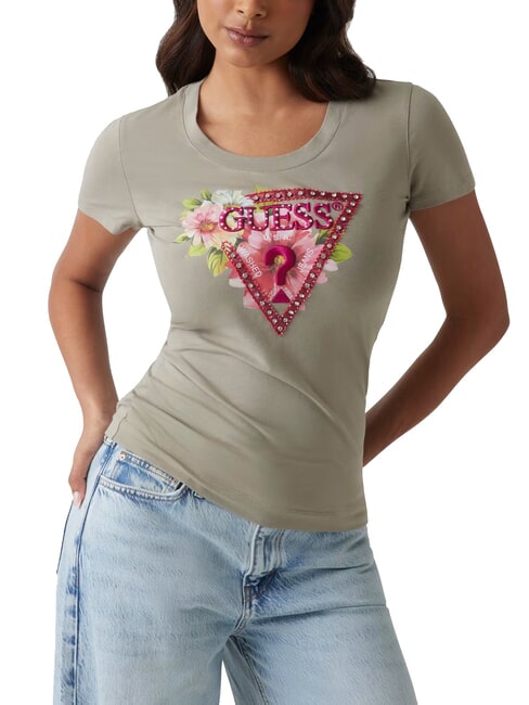 GUESS SS CN TRIANGLE T-shirt à logo triangle floral feuille de sauge - T-shirt