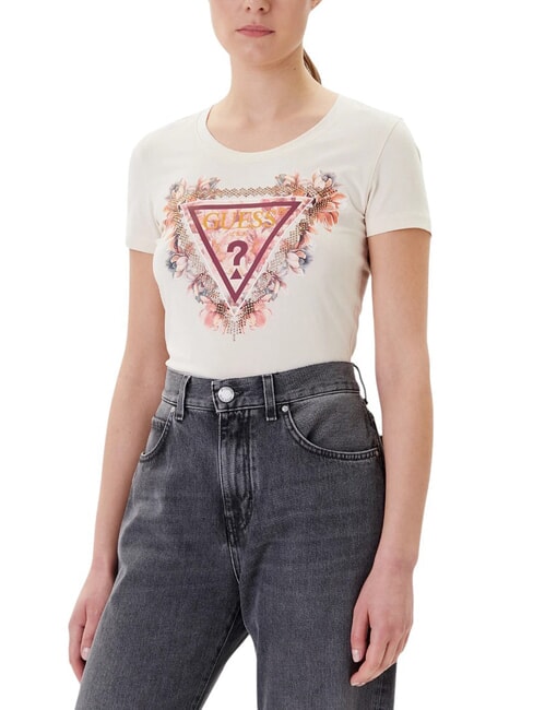 GUESS TRIANGLE FLOWERS T-shirt extensible avec imprimé fard à joues vanille - T-shirt