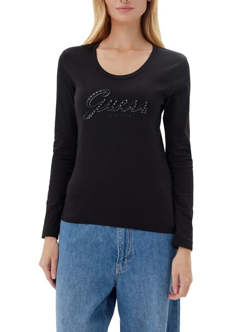 GUESS EMBRO SCRIPT LOGO T-shirt à manches longues avec logo et strass jetbla - T-shirt