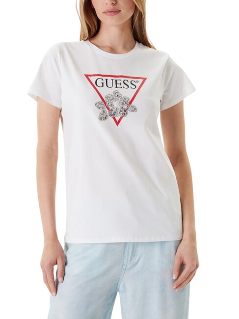 GUESS FLOWER BLING T-shirt avec imprimé et application blanc pur - T-shirt