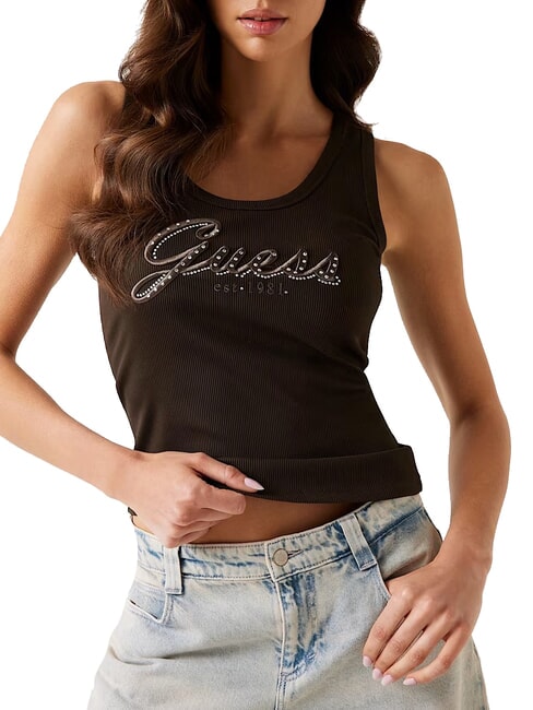 GUESS RAISSA LOGO Débardeur avec logo strass expresso brun - T-shirt