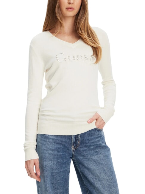 GUESS KENZIE LOGO Pull col V cremwhi - Chandails pour femmes