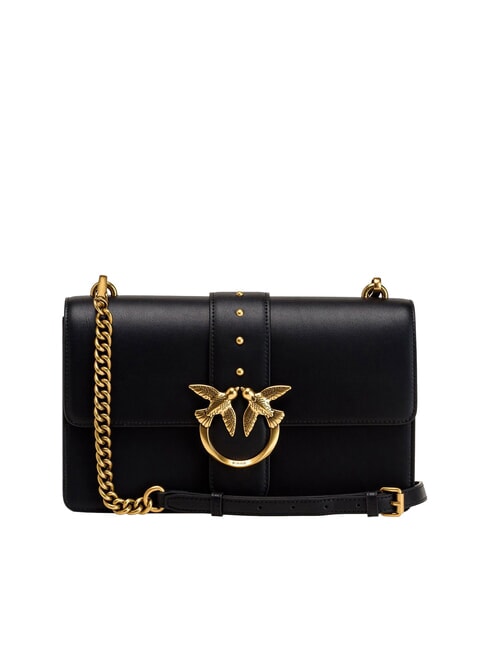 PINKO LOVE ONE CLASSIC Sac bandoulière en cuir avec rabat noir-or antique - Sacs pour Femme