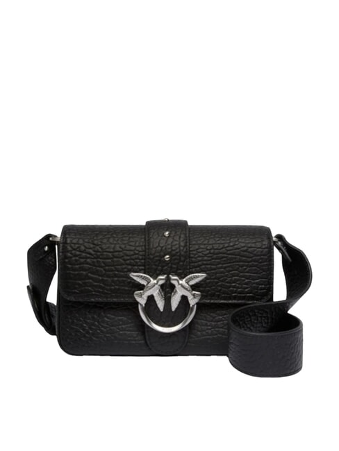 PINKO LOVE ONE SLOUCHY  Mini sac à bandoulière en cuir limousine noire - argent mat - Sacs pour Femme