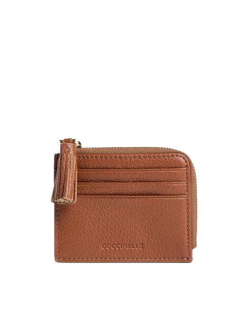 COCCINELLE TASSEL Porte-cartes zippé en cuir martelé Cognac - Portefeuilles Femme