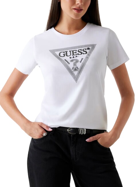 GUESS SS CN KRYSTAL TRIANGLE T-shirt à manches courtes avec clous et strass blanc pur - T-shirt