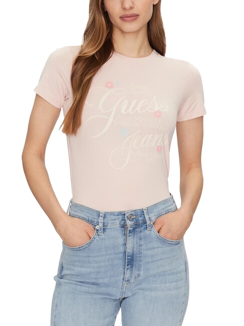 GUESS JEANS FLOWER T-shirt slim à manches courtes coton blush - T-shirt