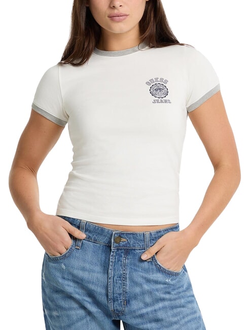 GUESS JEANS LOGO STAMP T-shirt slim à manches courtes bruyère blanche pure - T-shirt