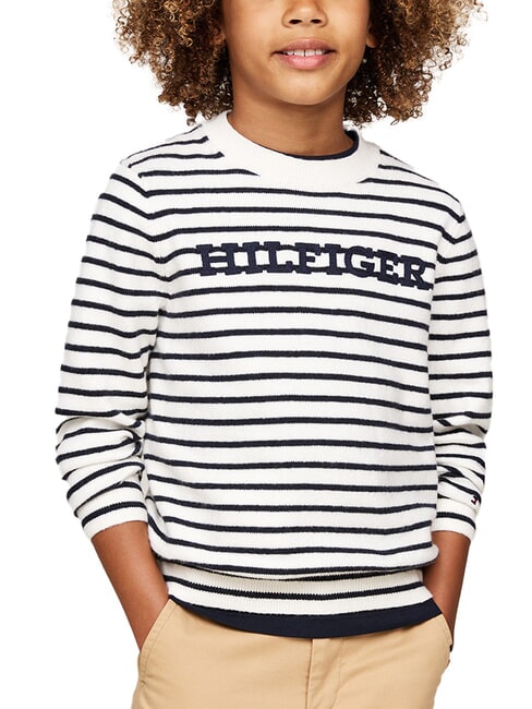 TOMMY HILFIGER TH KIDS pull à col rond base blanche / bande bleue - Pulls pour enfants