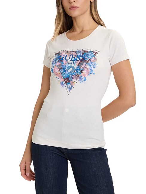 GUESS SS CN PEONY TRIANGLE T-shirt à manches courtes avec imprimé pierre en sourdine - T-shirt