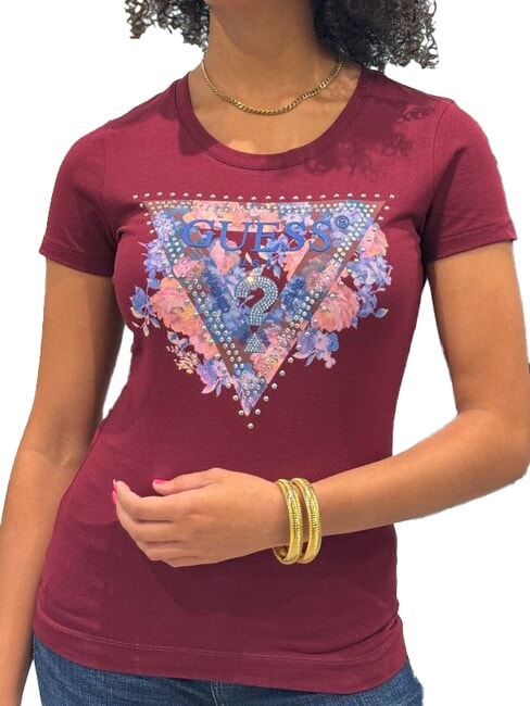 GUESS SS CN PEONY TRIANGLE T-shirt à manches courtes avec imprimé vin - T-shirt