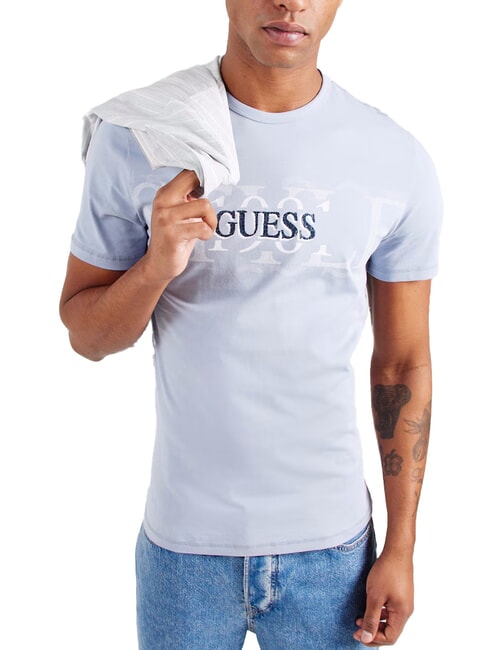 GUESS CHEST BOX T-shirt en coton avec imprimé nimbe bleu - T-shirt