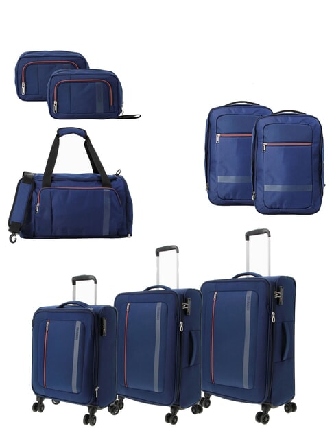 AMERICAN TOURISTER BLAZING RIDE Ensemble de 3 valises à roulettes + sac de voyage + 2 sacs à dos + 2 trousses de beauté bleu marine/orange - Ensemble Valises
