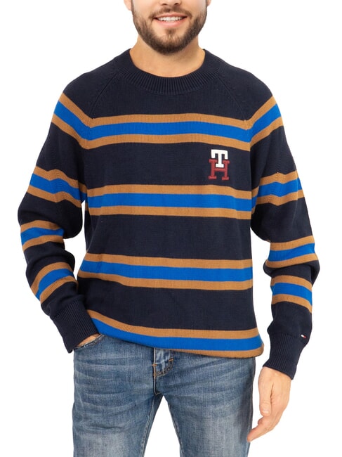 TOMMY HILFIGER TH Pull en coton à col rond avec logo brodé ciel du désert/bleu ultra - Pulls pour hommes