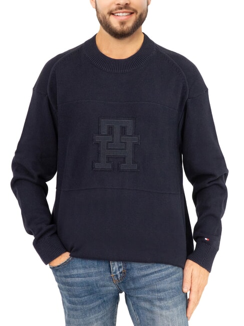 TOMMY HILFIGER TH Pull en coton à col rond avec logo ciel du désert/monogramme ciel du désert - Pulls pour hommes
