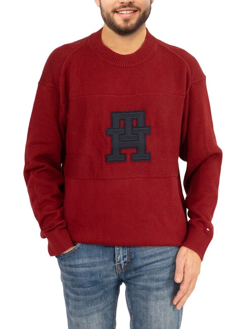 TOMMY HILFIGER TH Pull en coton à col rond avec logo monogramme rouge/ciel désertique - Pulls pour hommes