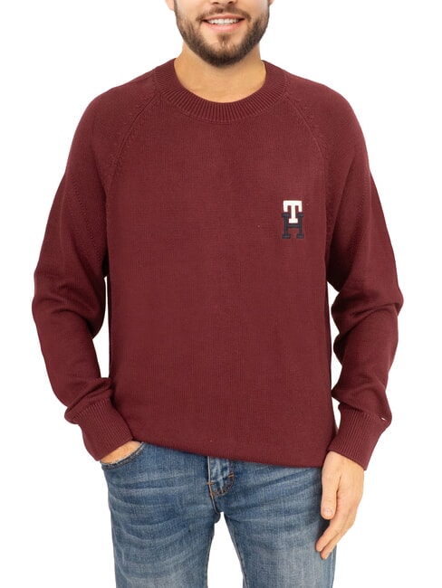 TOMMY HILFIGER TH Pull en coton à col rond avec logo brodé rouge foncé - Pulls pour hommes