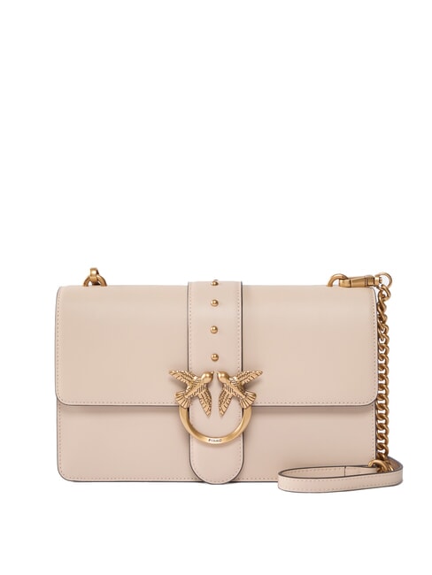 PINKO LOVE ONE CLASSIC Sac bandoulière en cuir avec rabat beige-gris fumé-or antique - Sacs pour Femme