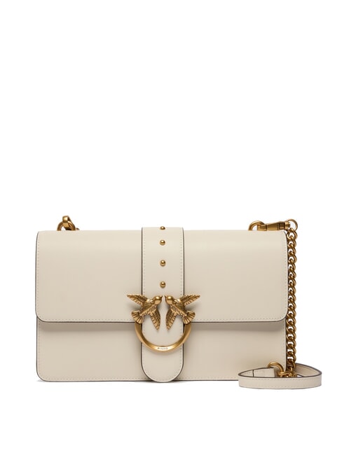 PINKO LOVE ONE CLASSIC Sac bandoulière en cuir avec rabat blanc de soie-or antique - Sacs pour Femme