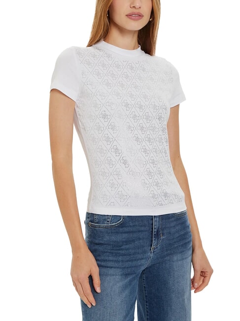GUESS MOCK NECK ALL OVER 4G T-shirt slim fit orné de strass blanc pur - T-shirt