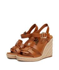 TOMMY HILFIGER TH Sandales compens&eacute;es espadrilles hautes en cuir marron cognac - Chaussures Femme - 1