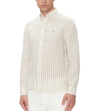 TOMMY HILFIGER TH chemise en lin ray&eacute;e coupe classique fr&ecirc;ne de bois / bande de caf&eacute; glac&eacute; - Chemises pour hommes - 1