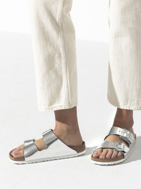 ARIZONA Sandale chausson en cuir argent m&eacute;tallique - Chaussures Femme