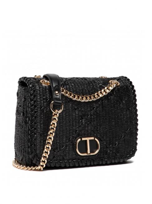 STRAW EMBROIDERY Petit sac &agrave; bandouli&egrave;re avec rabat noir - Sacs pour Femme
