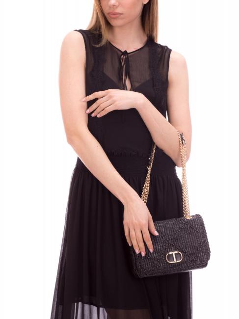 STRAW EMBROIDERY Petit sac &agrave; bandouli&egrave;re avec rabat noir - Sacs pour Femme