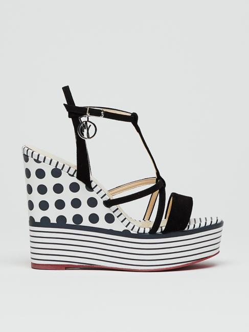 CAMPIONARIO Compens&eacute;e &agrave; pois et rayures avec brides en cuir blanc noir - Chaussures Femme