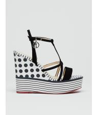 MANILA GRACE CAMPIONARIO Compens&eacute;e &agrave; pois et rayures avec brides en cuir blanc noir - Chaussures Femme - 2