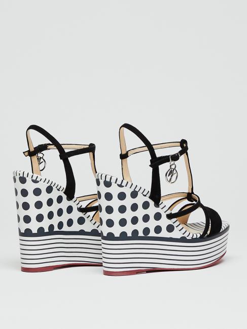CAMPIONARIO Compens&eacute;e &agrave; pois et rayures avec brides en cuir blanc noir - Chaussures Femme